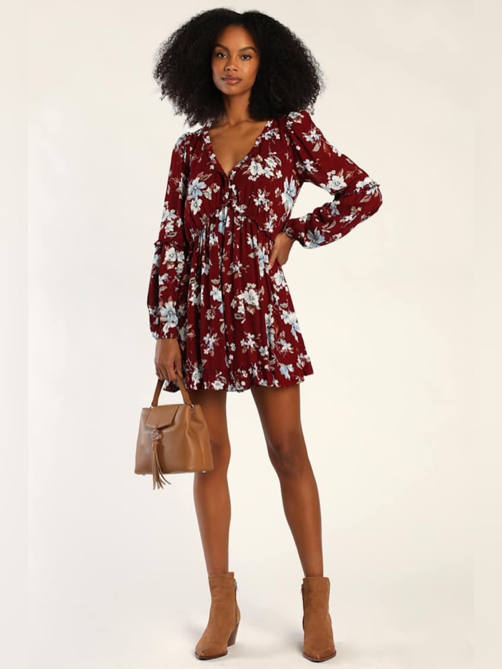 Lulus lovely blooms burgandy floral mini dress long sleeve swing dress